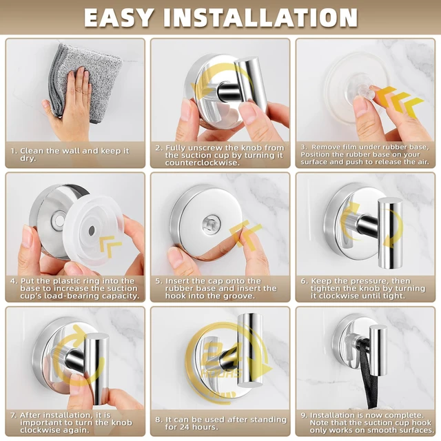 Alt view image 6 of 6 - Suction Cup Hooks for Shower - Bathroom Reusable Hooks for Towels, Robes & Loofah - No-Drill Mounting on Kitchen,Walls,Metal,Glass,Mirrors,Tile & Smooth Non-Porous Surfaces (2, Chrome Polished)
