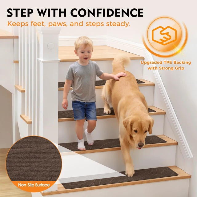 Alt view image 2 of 7 - Stair Treads for Wooden Steps, 15 PCS 8"x30", Brown Non-Slip TPE Backing Indoor Stair Runners, Washable & Reusable Stairs Carpet Rugs, No Residue, Safe for Kids, Pets, Seniors