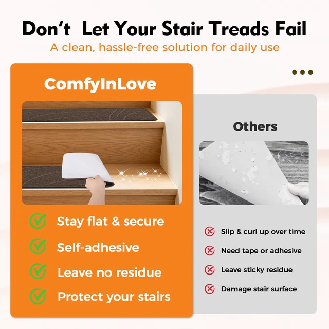 Alt view image 3 of 7 - Stair Treads for Wooden Steps, 15 PCS 8"x30", Brown Non-Slip TPE Backing Indoor Stair Runners, Washable & Reusable Stairs Carpet Rugs, No Residue, Safe for Kids, Pets, Seniors