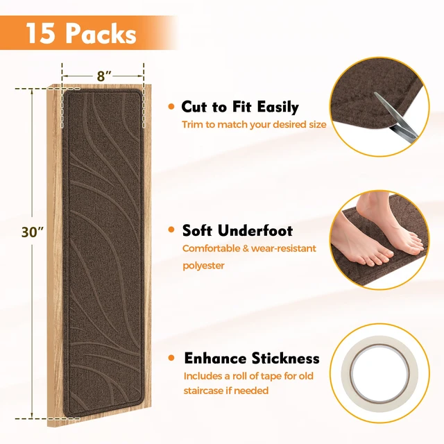 Alt view image 5 of 7 - Stair Treads for Wooden Steps, 15 PCS 8"x30", Brown Non-Slip TPE Backing Indoor Stair Runners, Washable & Reusable Stairs Carpet Rugs, No Residue, Safe for Kids, Pets, Seniors