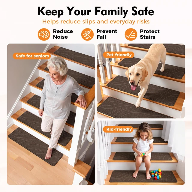 Alt view image 6 of 7 - Stair Treads for Wooden Steps, 15 PCS 8"x30", Brown Non-Slip TPE Backing Indoor Stair Runners, Washable & Reusable Stairs Carpet Rugs, No Residue, Safe for Kids, Pets, Seniors