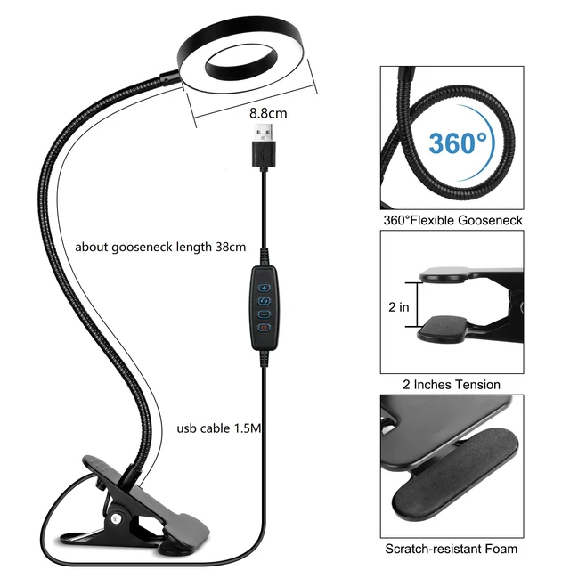 Alt view image 4 of 6 - Desk Lamps Clip on Reading Light for Bed Home Office Craft (Black) With 5V 2A Adapter, 10 Dimmable Brightness 3 Modes, Flexible Neck Light Desk Lamps for Home Office Headboard