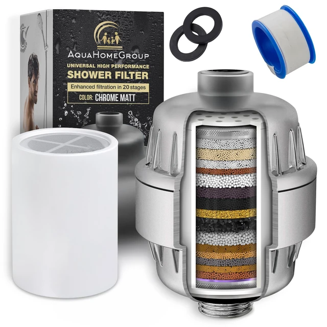 Main image of 20-Stage Shower Filter, Vitamin C and E, Matte Chrome shower filter 20-stage, Vitamin C and E, reduces chlorine, heavy metals, sediment, high pressure, matte chrome, 1 cartridge