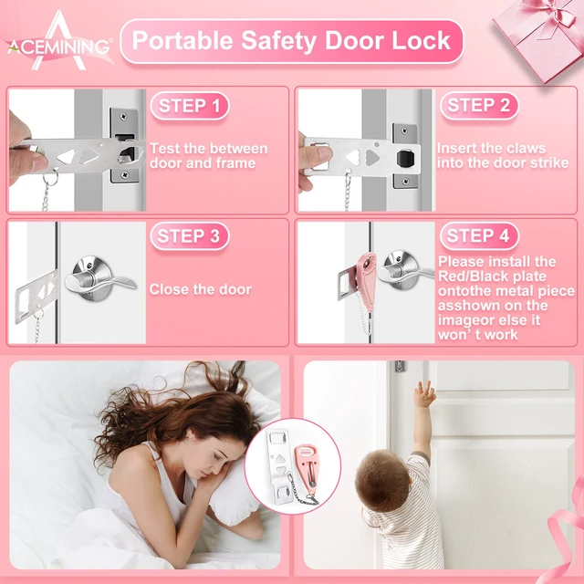 Alt view image 2 of 7 - 4 Pack Portable Door Lock, Hotel Travel Door Lock Security for Home, Pink Hotel Safety Device for Door Security, Portable Lock for Hotel Room, Apartment, College Dorm and Travel, Pink