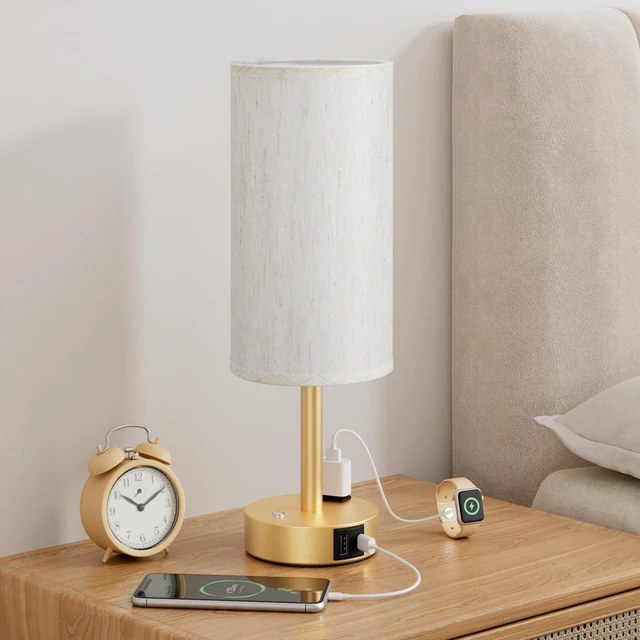 Main image of Gold Touch Bedside Lamp for Bedroom, Stepless Dimmable, USB A+C, AC Outlet Base Touch Button Only, Memory Brightness, Ultra-dim Night Light, Included Bulb for Optimal Dimming, Cream Fabric Shade, Desk