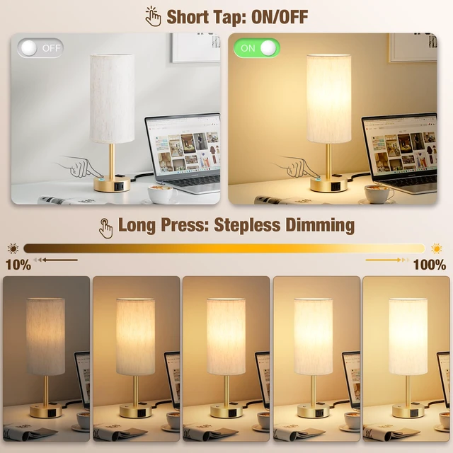 Alt view image 2 of 7 - Gold Touch Bedside Lamp for Bedroom, Stepless Dimmable, USB A+C, AC Outlet Base Touch Button Only, Memory Brightness, Ultra-dim Night Light, Included Bulb for Optimal Dimming, Cream Fabric Shade, Desk