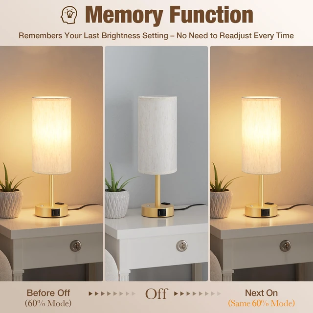 Alt view image 3 of 7 - Gold Touch Bedside Lamp for Bedroom, Stepless Dimmable, USB A+C, AC Outlet Base Touch Button Only, Memory Brightness, Ultra-dim Night Light, Included Bulb for Optimal Dimming, Cream Fabric Shade, Desk