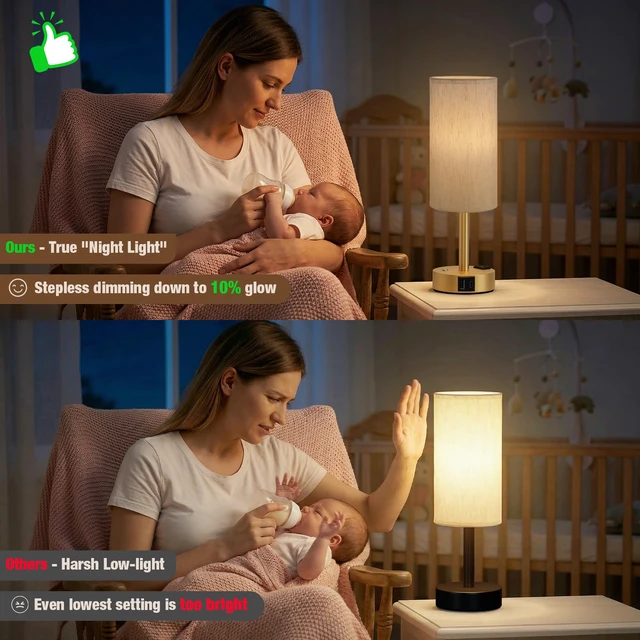 Alt view image 5 of 7 - Gold Touch Bedside Lamp for Bedroom, Stepless Dimmable, USB A+C, AC Outlet Base Touch Button Only, Memory Brightness, Ultra-dim Night Light, Included Bulb for Optimal Dimming, Cream Fabric Shade, Desk