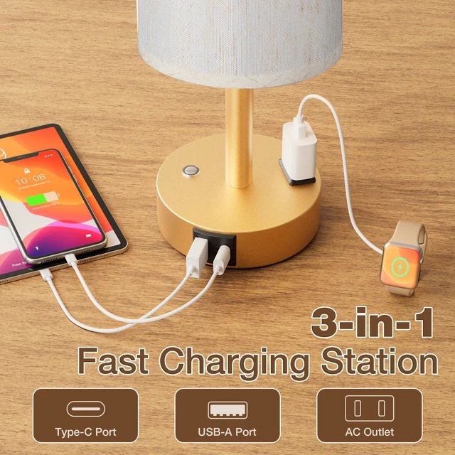 Alt view image 4 of 7 - Gold Touch Bedside Lamp for Bedroom, Stepless Dimmable, USB A+C, AC Outlet Base Touch Button Only, Memory Brightness, Ultra-dim Night Light, Included Bulb for Optimal Dimming, Cream Fabric Shade, Desk