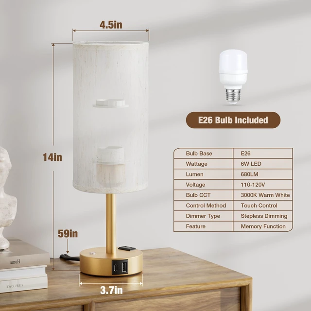 Alt view image 6 of 7 - Gold Touch Bedside Lamp for Bedroom, Stepless Dimmable, USB A+C, AC Outlet Base Touch Button Only, Memory Brightness, Ultra-dim Night Light, Included Bulb for Optimal Dimming, Cream Fabric Shade, Desk