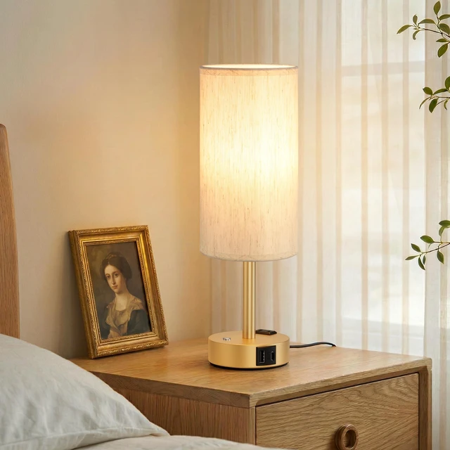 Alt view image 7 of 7 - Gold Touch Bedside Lamp for Bedroom, Stepless Dimmable, USB A+C, AC Outlet Base Touch Button Only, Memory Brightness, Ultra-dim Night Light, Included Bulb for Optimal Dimming, Cream Fabric Shade, Desk
