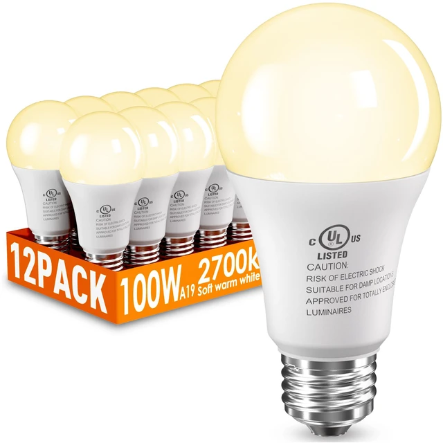 Main image of 12 Pack LED Light Bulbs 100 Watt Equivalent, A19 Soft Warm White 2700K 15W Super Bright White Light 1500 LM, E26 Standard No Flicker Energy Saving Lamp Bulb for Home, Bedroom, Office, Non-Dimmable