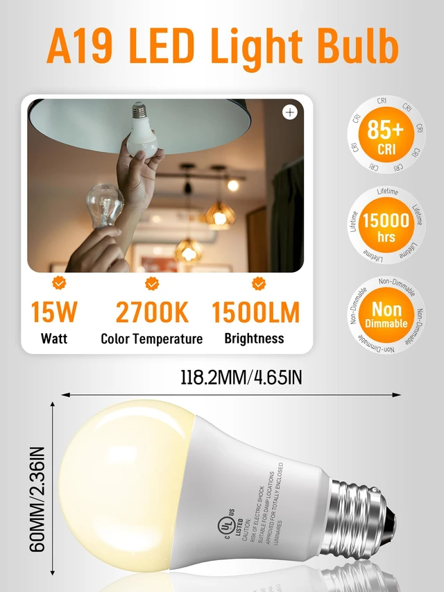 Alt view image 2 of 7 - 12 Pack LED Light Bulbs 100 Watt Equivalent, A19 Soft Warm White 2700K 15W Super Bright White Light 1500 LM, E26 Standard No Flicker Energy Saving Lamp Bulb for Home, Bedroom, Office, Non-Dimmable
