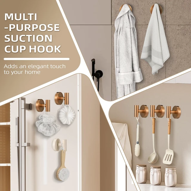 Alt view image 3 of 7 - Suction Cup Hooks for Shower - Bathroom Reusable Hooks for Towels, Robes & Loofah - No-Drill Mounting on Kitchen,Walls,Metal,Glass,Mirrors,Tile & Smooth Non-Porous Surfaces (2, Champagne Bronze)