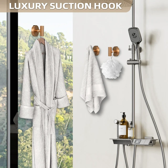 Alt view image 5 of 7 - Suction Cup Hooks for Shower - Bathroom Reusable Hooks for Towels, Robes & Loofah - No-Drill Mounting on Kitchen,Walls,Metal,Glass,Mirrors,Tile & Smooth Non-Porous Surfaces (2, Champagne Bronze)
