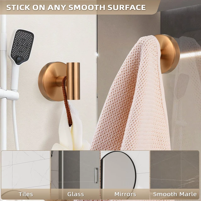 Alt view image 4 of 7 - Suction Cup Hooks for Shower - Bathroom Reusable Hooks for Towels, Robes & Loofah - No-Drill Mounting on Kitchen,Walls,Metal,Glass,Mirrors,Tile & Smooth Non-Porous Surfaces (2, Champagne Bronze)