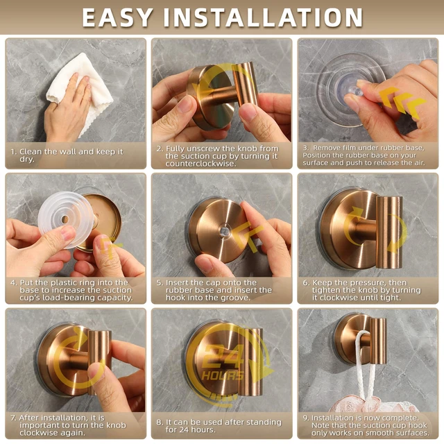 Alt view image 7 of 7 - Suction Cup Hooks for Shower - Bathroom Reusable Hooks for Towels, Robes & Loofah - No-Drill Mounting on Kitchen,Walls,Metal,Glass,Mirrors,Tile & Smooth Non-Porous Surfaces (2, Champagne Bronze)