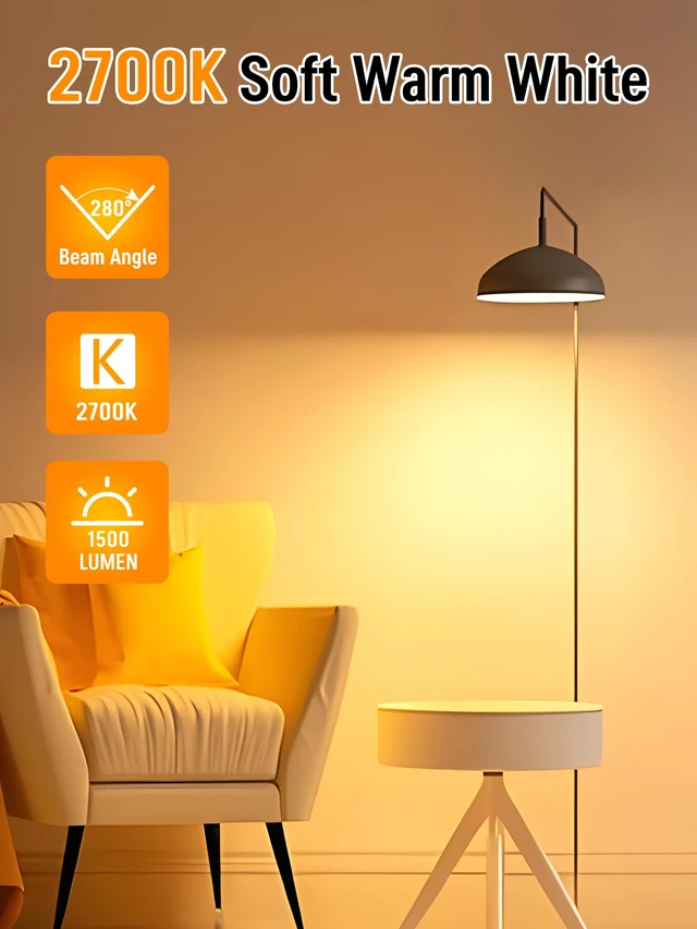 Alt view image 5 of 7 - 12 Pack LED Light Bulbs 100 Watt Equivalent, A19 Soft Warm White 2700K 15W Super Bright White Light 1500 LM, E26 Standard No Flicker Energy Saving Lamp Bulb for Home, Bedroom, Office, Non-Dimmable