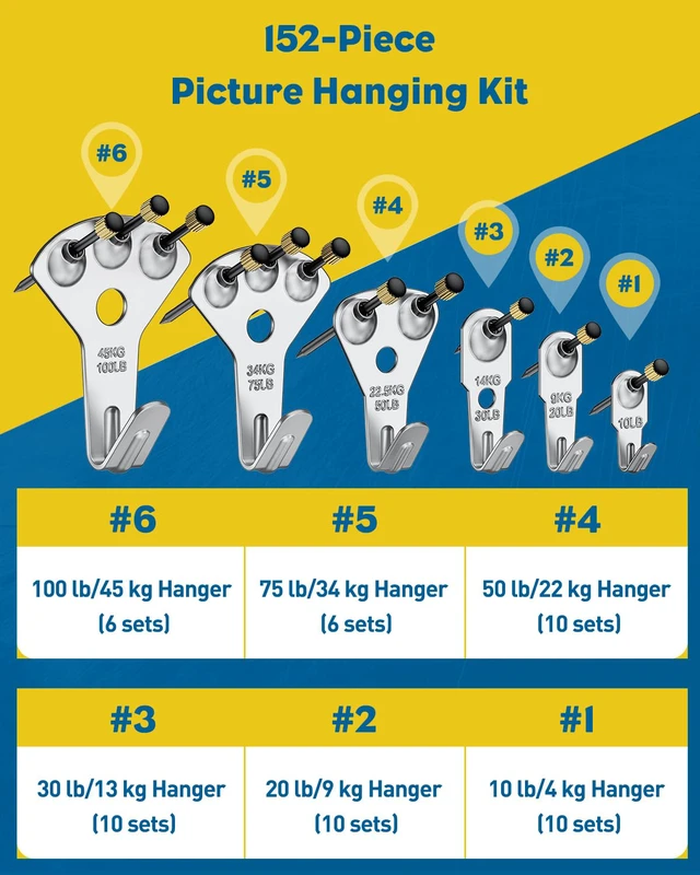 Alt view image 2 of 7 - 152 Pcs Heavy Duty Picture Hanging Kit,Picture Hanging Hook,Silver Picture hangers,10-100 lb weight ratings, for drywall & wood, frame hooks for hanging photos mirrors paintings