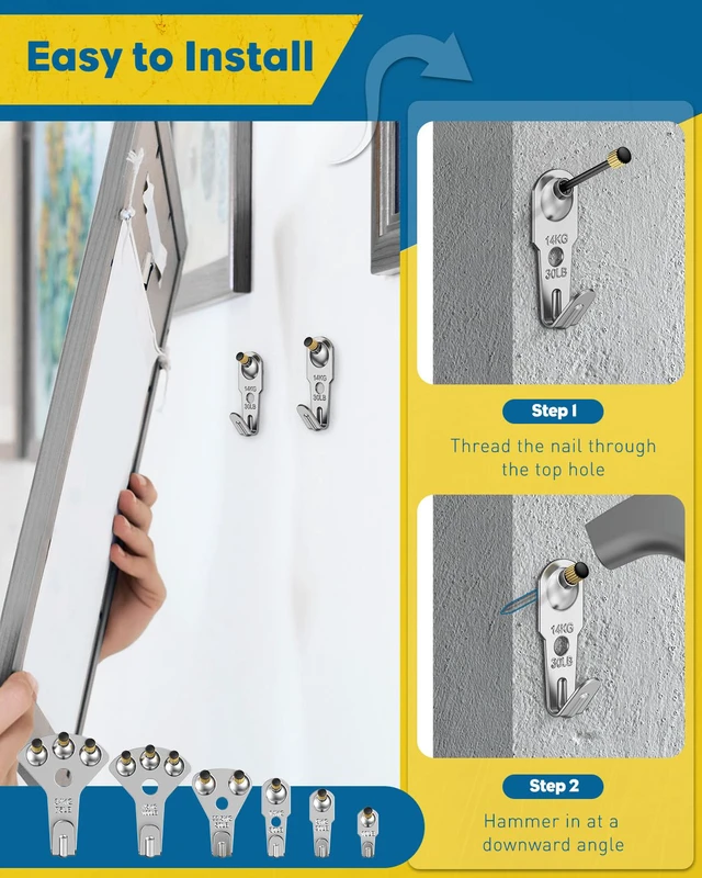 Alt view image 4 of 7 - 152 Pcs Heavy Duty Picture Hanging Kit,Picture Hanging Hook,Silver Picture hangers,10-100 lb weight ratings, for drywall & wood, frame hooks for hanging photos mirrors paintings