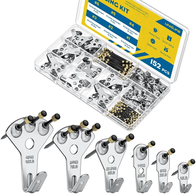 Main image of 152 Pcs Heavy Duty Picture Hanging Kit,Picture Hanging Hook,Silver Picture hangers,10-100 lb weight ratings, for drywall & wood, frame hooks for hanging photos mirrors paintings