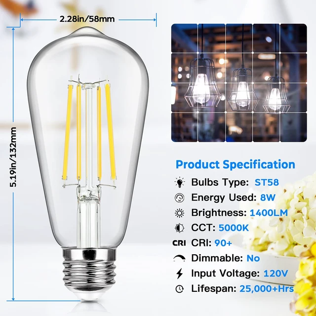 Alt view image 3 of 7 - 24-Pack Vintage LED Edsion Bulbs 100W Equivalent, E26 Base Bulb 8W 5000K Non-dimmable, 1400LM High Brightness, LED Filament, High CRI, Medium Base, Antique Decorative Clear Glass