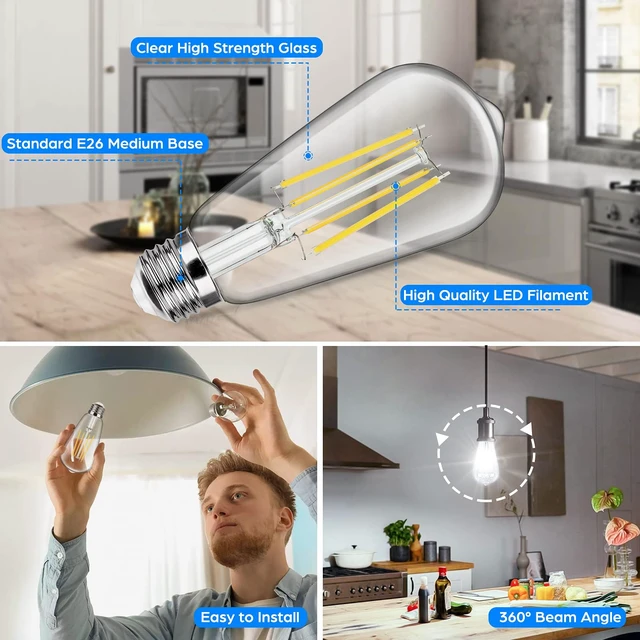 Alt view image 4 of 7 - 24-Pack Vintage LED Edsion Bulbs 100W Equivalent, E26 Base Bulb 8W 5000K Non-dimmable, 1400LM High Brightness, LED Filament, High CRI, Medium Base, Antique Decorative Clear Glass