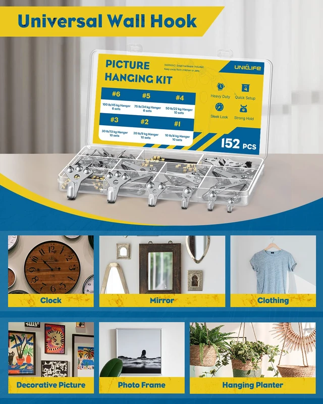 Alt view image 6 of 7 - 152 Pcs Heavy Duty Picture Hanging Kit,Picture Hanging Hook,Silver Picture hangers,10-100 lb weight ratings, for drywall & wood, frame hooks for hanging photos mirrors paintings