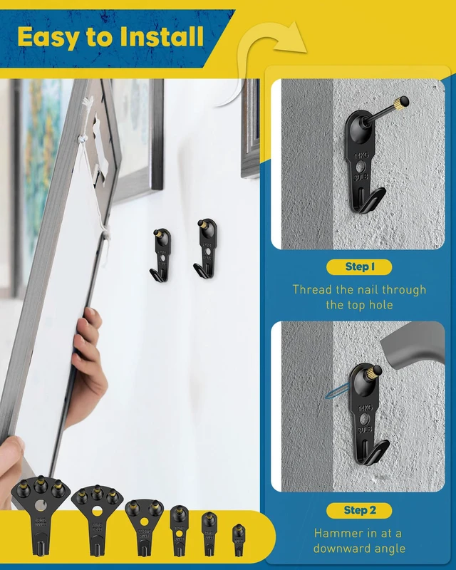 Alt view image 4 of 7 - 152 Pcs Picture Hanging Kit, 10 lb, 20 lb, 30 lb, 50 lb, 75 lb, 100 lb Heavy Duty Picture Hangers for Drywall & Wood, Picture Hanging Hooks for Hanging Photos Mirrors Paintings,Black