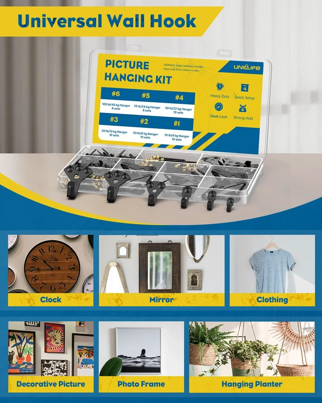 Alt view image 6 of 7 - 152 Pcs Picture Hanging Kit, 10 lb, 20 lb, 30 lb, 50 lb, 75 lb, 100 lb Heavy Duty Picture Hangers for Drywall & Wood, Picture Hanging Hooks for Hanging Photos Mirrors Paintings,Black