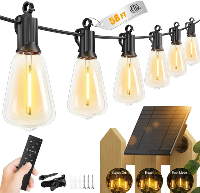 Main image of 58FT Solar String Lights Outdoor, 25+1 Shatterproof LED Lights Waterproof, Remote Control, Dimmable, Timer, 3 Light Modes, Commercial Grade Patio Lights for Garden, Backyard, Party Decor