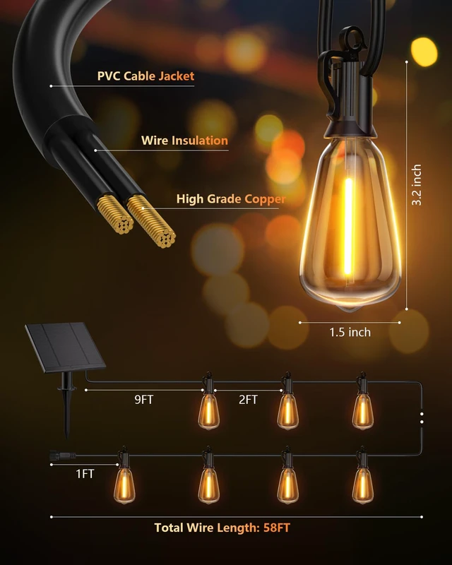 Alt view image 7 of 7 - 58FT Solar String Lights Outdoor, 25+1 Shatterproof LED Lights Waterproof, Remote Control, Dimmable, Timer, 3 Light Modes, Commercial Grade Patio Lights for Garden, Backyard, Party Decor