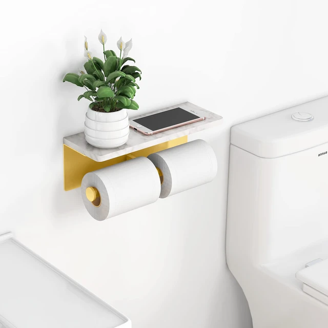 Alt view image 2 of 7 - Brushed Gold Toilet Paper Holder with Marble Shelf, Double Rolls Toilet Paper Holder with Storage, Toilet Paper Wall Mount for Bathroom Washroom