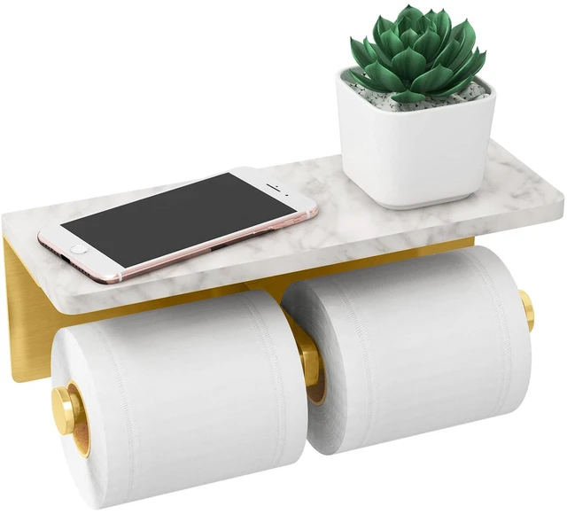 Main image of Brushed Gold Toilet Paper Holder with Marble Shelf, Double Rolls Toilet Paper Holder with Storage, Toilet Paper Wall Mount for Bathroom Washroom