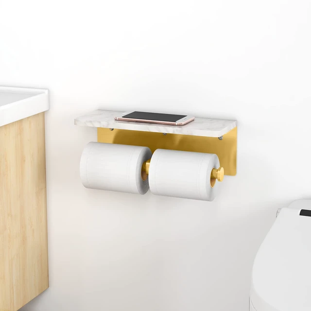 Alt view image 7 of 7 - Brushed Gold Toilet Paper Holder with Marble Shelf, Double Rolls Toilet Paper Holder with Storage, Toilet Paper Wall Mount for Bathroom Washroom