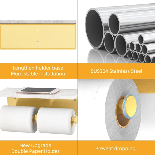 Alt view image 3 of 7 - Brushed Gold Toilet Paper Holder with Marble Shelf, Double Rolls Toilet Paper Holder with Storage, Toilet Paper Wall Mount for Bathroom Washroom