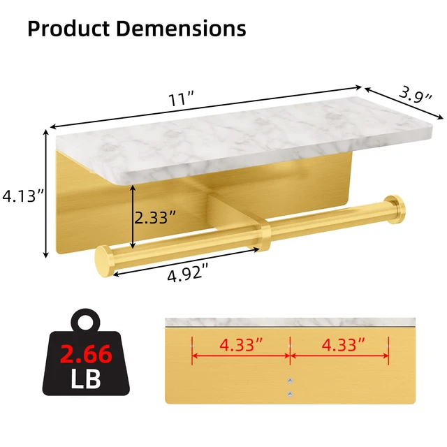 Alt view image 6 of 7 - Brushed Gold Toilet Paper Holder with Marble Shelf, Double Rolls Toilet Paper Holder with Storage, Toilet Paper Wall Mount for Bathroom Washroom