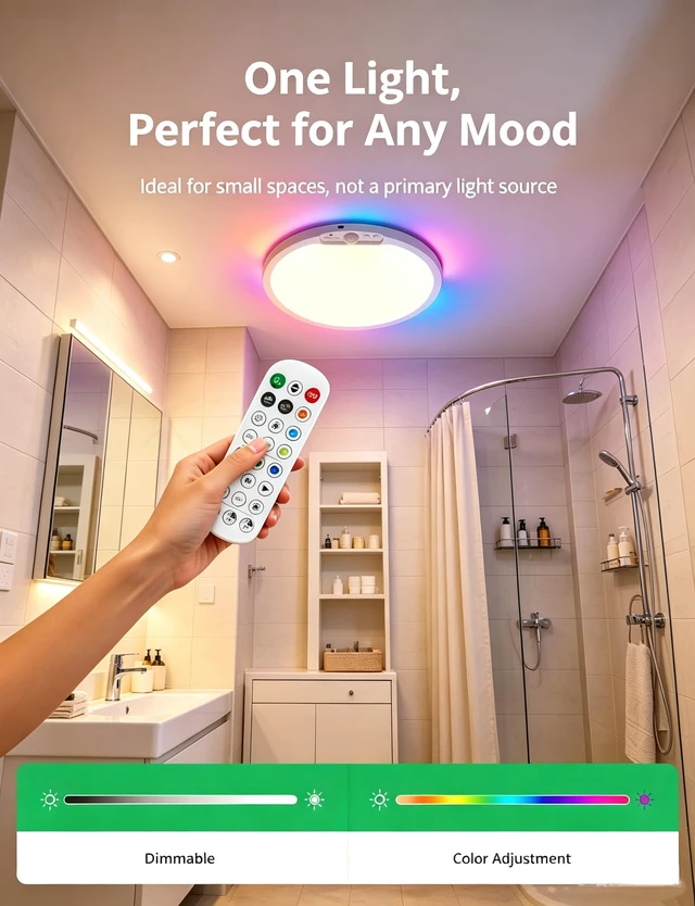 Alt view image 7 of 7 - 10000mAh Battery Operated Ceiling Light with Remote RGB Backlight Magnetic Battery Operated IP44 Waterproof Dimmable & 3CCT Remote No Wiring for Closet Pantry Garage