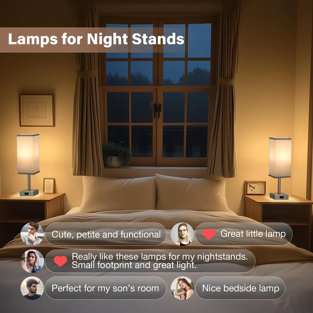 Alt view image 4 of 7 - Bedside Lamp for Bedroom Set of 2 - Grey Table Lamp for Nightstand AC Outlet, 3 Color Temperatures, LED Bulb Included, Pull Chain Design, 14" Rectangular Desk Lamp for Dorm/Office, 2-Pack