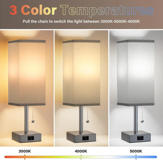 Alt view image 2 of 7 - Bedside Lamp for Bedroom Set of 2 - Grey Table Lamp for Nightstand AC Outlet, 3 Color Temperatures, LED Bulb Included, Pull Chain Design, 14" Rectangular Desk Lamp for Dorm/Office, 2-Pack