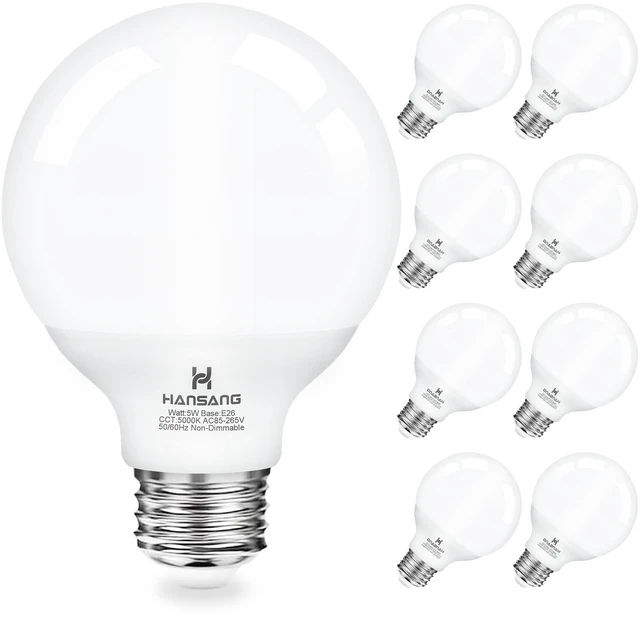 Main image of 8 Pack E26 LED Vanity Bathroom Light Bulbs 5000K Daylight 60W Equivalent G25 Light Bulbs, E26 Base, CRI85+ Eye-Friendly, Type G Round Light Bulb Over Mirror, 120V, 5W, 500LM No-flicker, Non-Dimmable