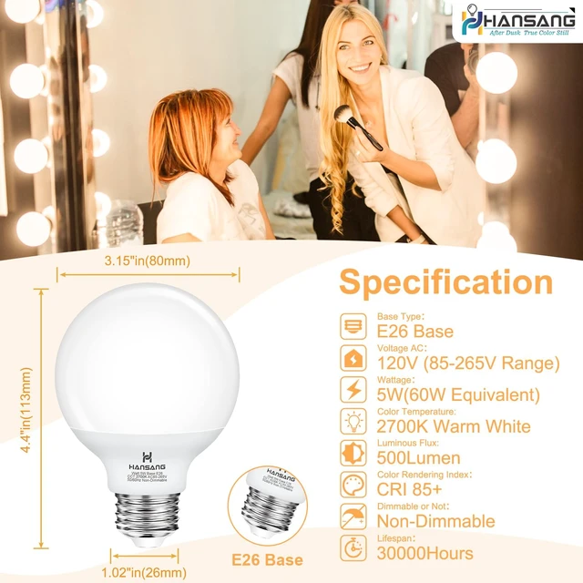 Alt view image 2 of 7 - 8 Pack G25 Vanity Light Bulbs for Bathroom 2700K Warm White 60W Equivalent LED Globe Light Bulbs, E26 Base, CRI85+ Eye-Friendly, Type G Round Light Bulb Over Mirror, 120V, 5W, 500LM, Non-Dimmable