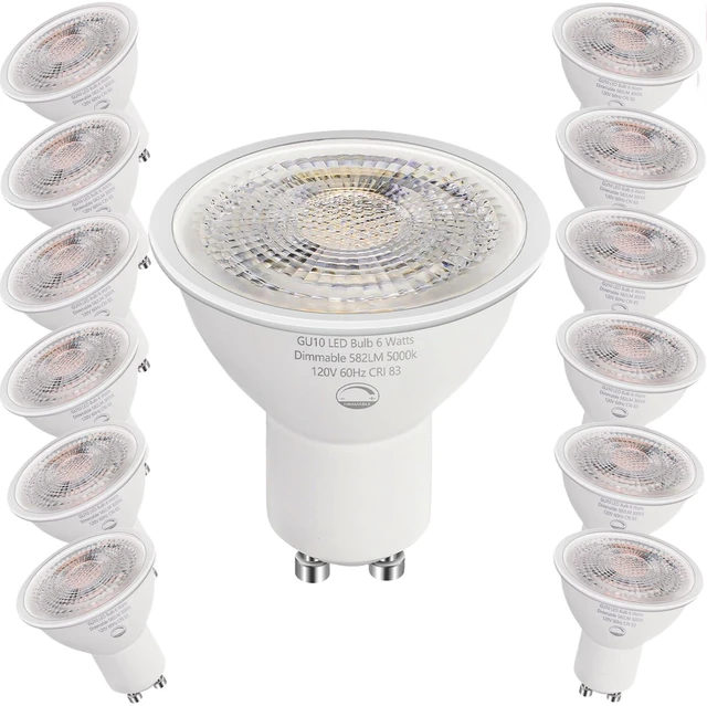 Main image of 12 Pack GU10 LED Light Bulbs Dimmable 6W (50W Halogen Eq),2700K Warm White 582LM Flicker-Free,38° Beam Angle, 25000-Hour Lifespan, for Track Lights,Recessed Cans, Under-Cabinet, Display Cases & More