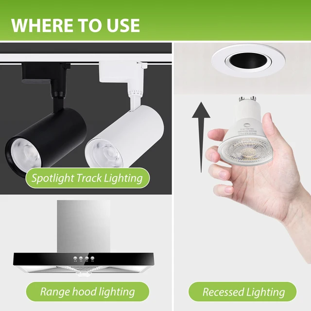 Alt view image 5 of 7 - 12 Pack GU10 LED Light Bulbs Dimmable 6W (50W Halogen Eq),2700K Warm White 582LM Flicker-Free,38° Beam Angle, 25000-Hour Lifespan, for Track Lights,Recessed Cans, Under-Cabinet, Display Cases & More