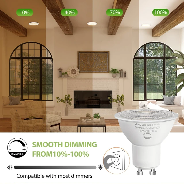 Alt view image 2 of 7 - 12 Pack GU10 LED Light Bulbs Dimmable 6W (50W Halogen Eq),2700K Warm White 582LM Flicker-Free,38° Beam Angle, 25000-Hour Lifespan, for Track Lights,Recessed Cans, Under-Cabinet, Display Cases & More