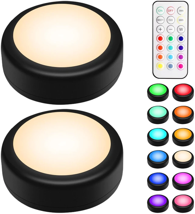 Main image of LED Puck Lights with Remote Control, Wireless Under Cabinet & Closet Lighting, RGB 13 Color Changing Lights with Dimmer, Timer & AA Battery Operated, Push, Touch, Stick on for Night, Black, 2 Pack