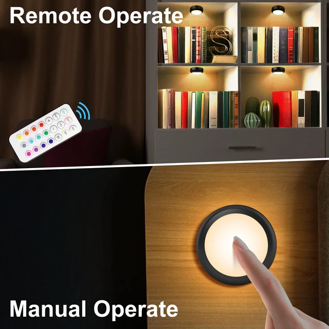 Alt view image 2 of 7 - LED Puck Lights with Remote Control, Wireless Under Cabinet & Closet Lighting, RGB 13 Color Changing Lights with Dimmer, Timer & AA Battery Operated, Push, Touch, Stick on for Night, Black, 2 Pack