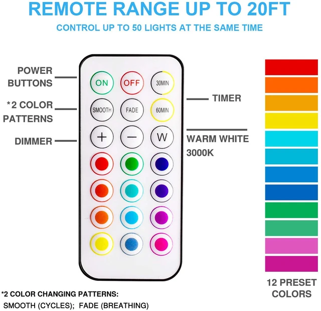 Alt view image 3 of 7 - LED Puck Lights with Remote Control, Wireless Under Cabinet & Closet Lighting, RGB 13 Color Changing Lights with Dimmer, Timer & AA Battery Operated, Push, Touch, Stick on for Night, Black, 2 Pack