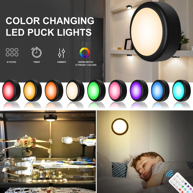 Alt view image 6 of 7 - LED Puck Lights with Remote Control, Wireless Under Cabinet & Closet Lighting, RGB 13 Color Changing Lights with Dimmer, Timer & AA Battery Operated, Push, Touch, Stick on for Night, Black, 2 Pack