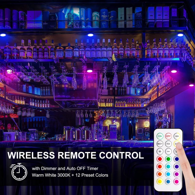 Alt view image 4 of 7 - LED Puck Lights with Remote Control, Wireless Under Cabinet & Closet Lighting, RGB 13 Color Changing Lights with Dimmer, Timer & AA Battery Operated, Push, Touch, Stick on for Night, Black, 2 Pack